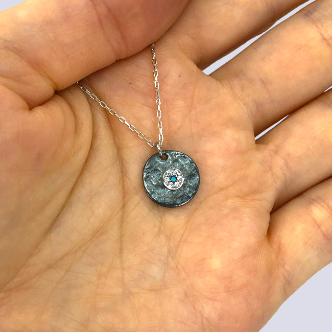 Evil Eye Oxidized Hammered Sterling Silver Necklace