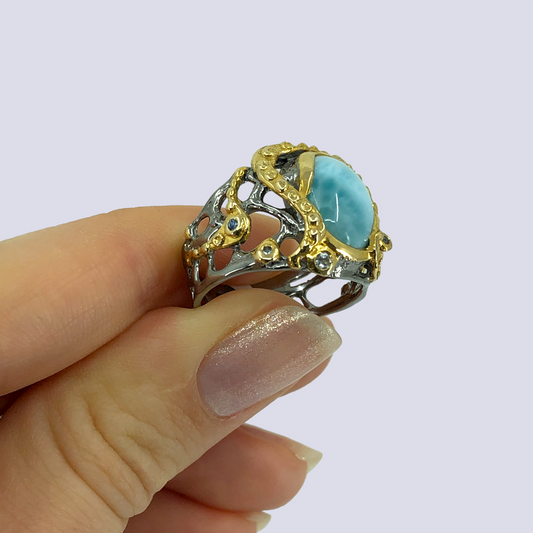 Silver Ring With Larimar, Blue Sapphire and Blue Topaz, Size 7
