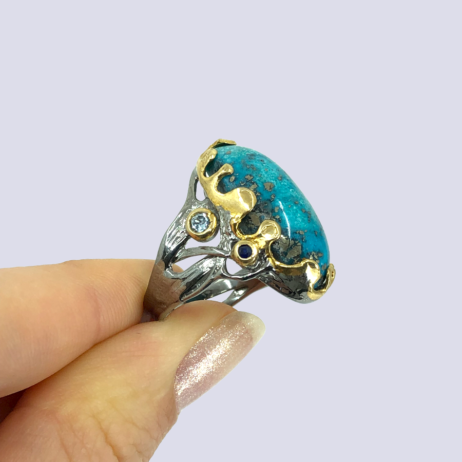 Silver Ring with Turquoise And Pyrite, Size 7.5