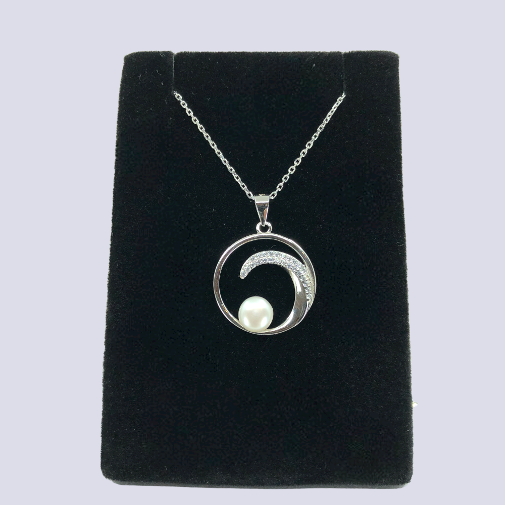 Silver Wave with Pearl and CZ Necklace