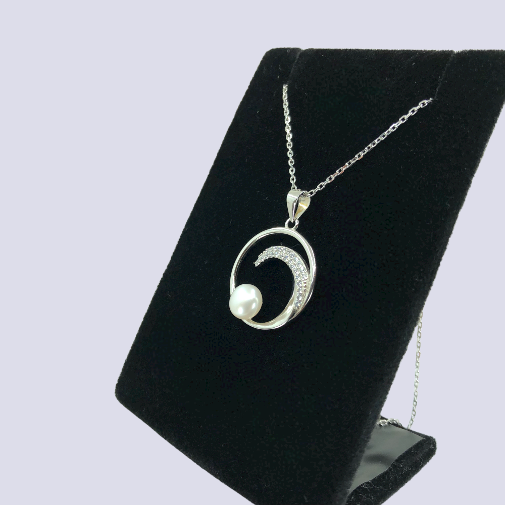 Silver Wave with Pearl and CZ Necklace