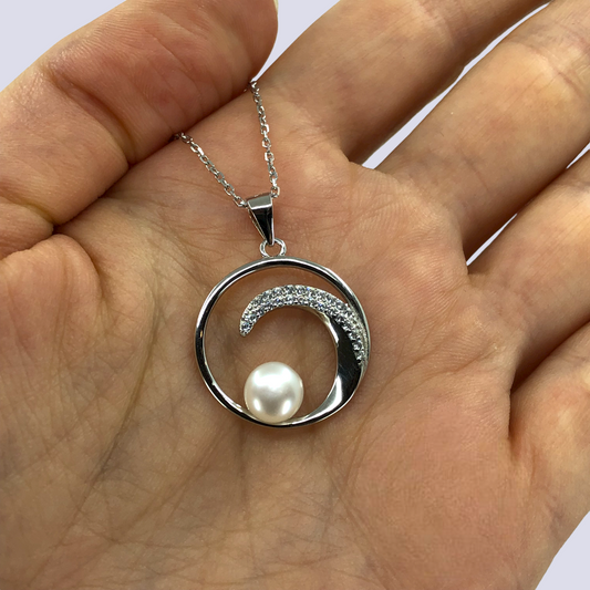 Silver Wave with Pearl and CZ Necklace