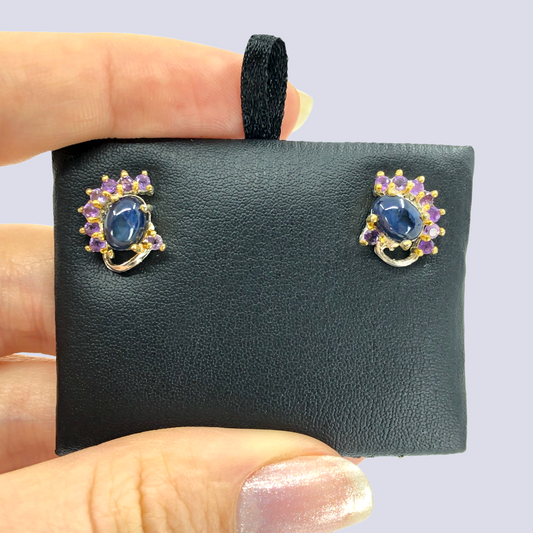 925 Silver Studs Inlaid With Blue Star Sapphire And Amethyst