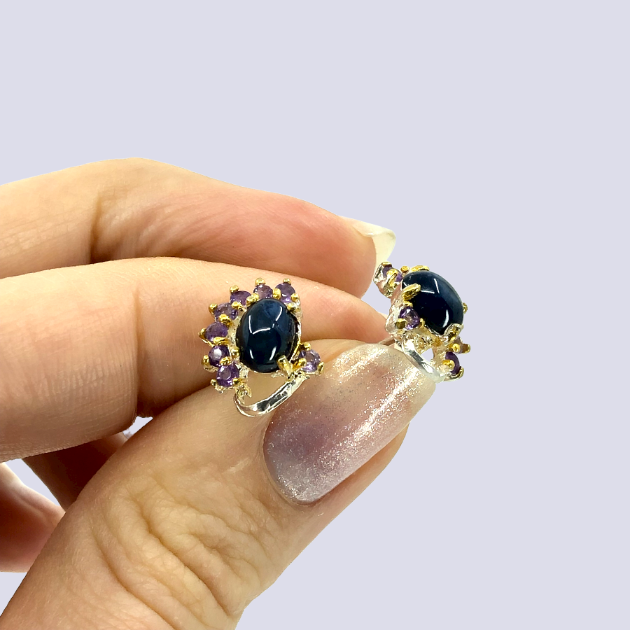 925 Silver Studs Inlaid With Blue Star Sapphire And Amethyst