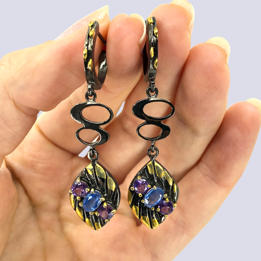 Silver Dangle Earrings With Kyanite And Amethyst