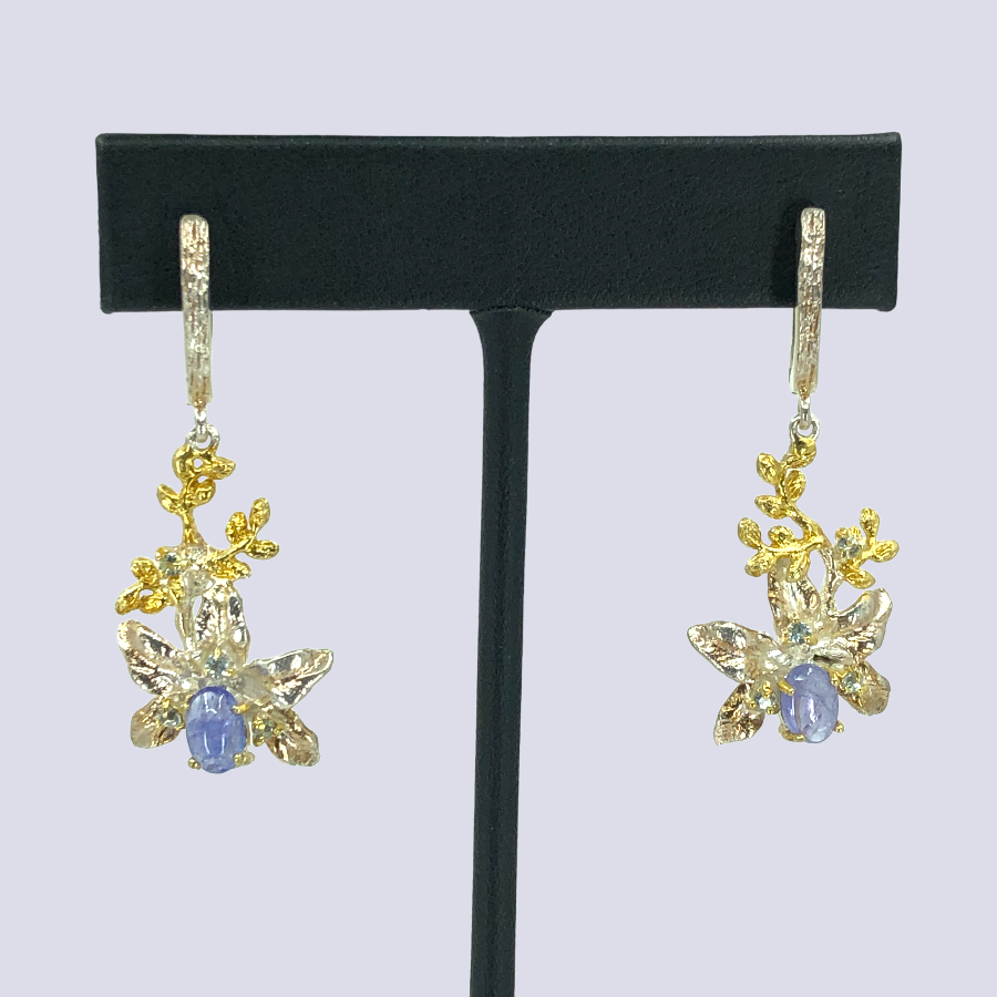 Silver Dangle Earrings With Tanzanite And Blue Topaz