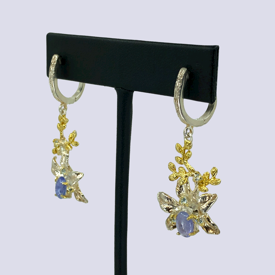 Silver Dangle Earrings With Tanzanite And Blue Topaz