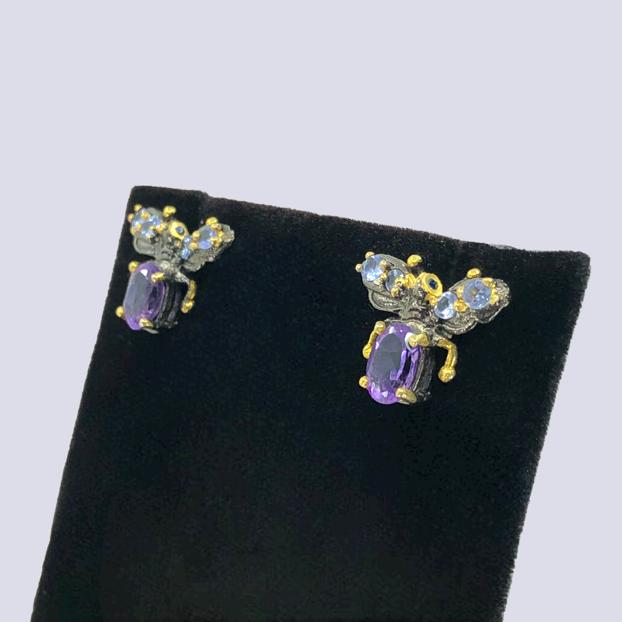 Insect Inspired Silver Post Earrings With Amethysts And Tanzanite