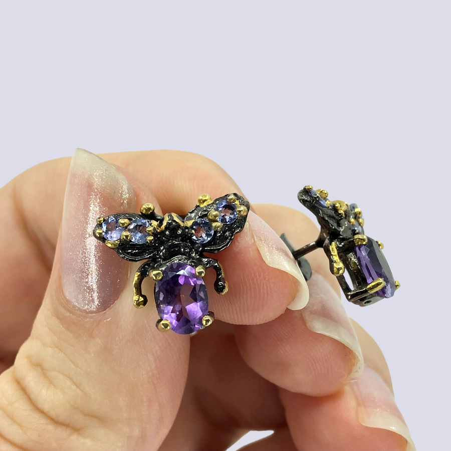 Insect Inspired Silver Post Earrings With Amethysts And Tanzanite