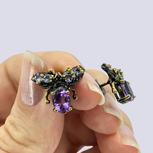 Insect Inspired Silver Post Earrings With Amethysts And Tanzanite