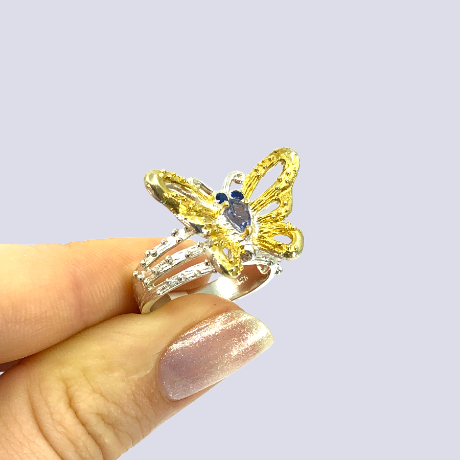 Sterling Silver Butterfly Ring Inlaid With Iolite and CZ, Size 7