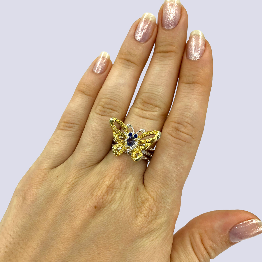 Sterling Silver Butterfly Ring Inlaid With Iolite and CZ, Size 7