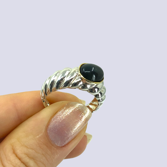 Sterling Silver Ring Inlaid With Black Opal, Size 7.5