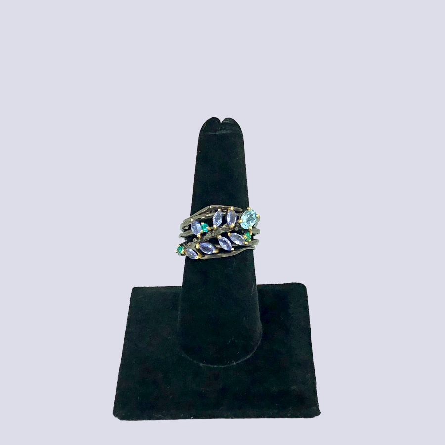 Floral Inspired Sterling Silver Ring With Tanzanite, Blue Topaz And Blue CZ, Size 7.5