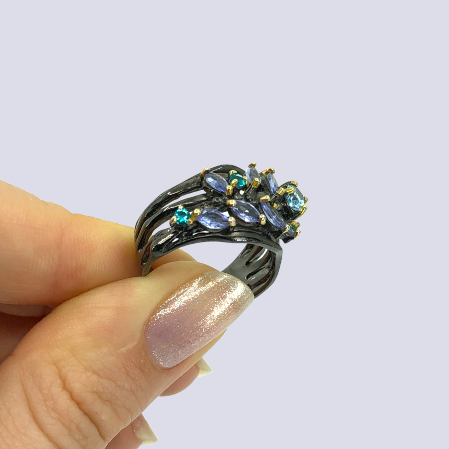 Floral Inspired Sterling Silver Ring With Tanzanite, Blue Topaz And Blue CZ, Size 7.5