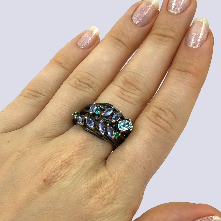 Floral Inspired Sterling Silver Ring With Tanzanite, Blue Topaz And Blue CZ, Size 7.5