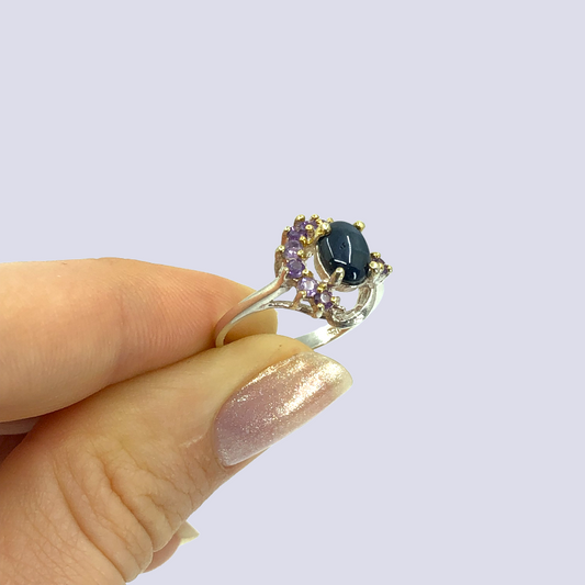 Blue Star Sapphire and Amethysts Sterling Silver Ring, Size 7