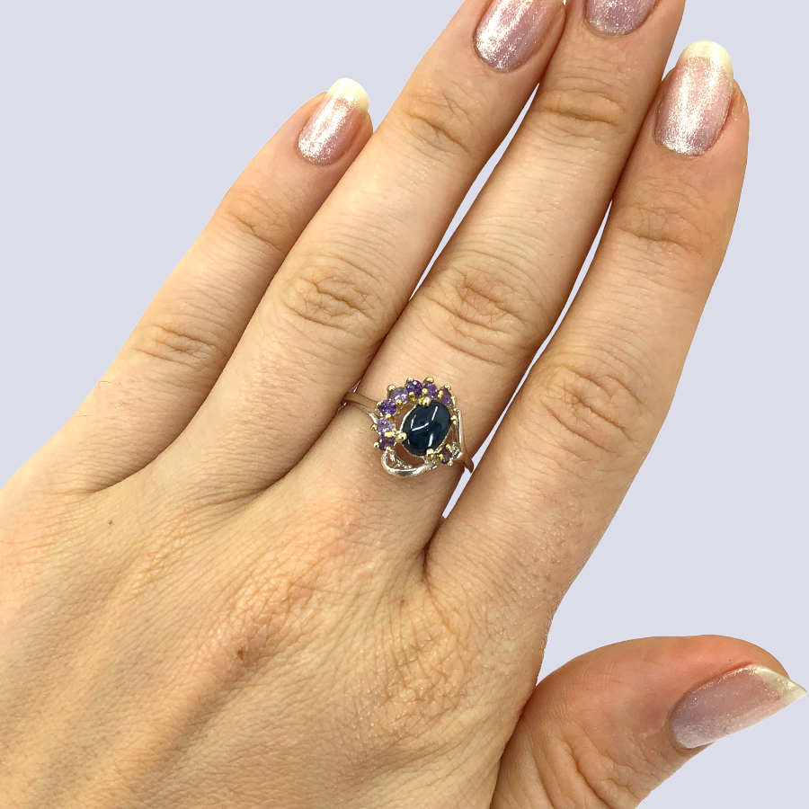 Blue Star Sapphire and Amethysts Sterling Silver Ring, Size 7