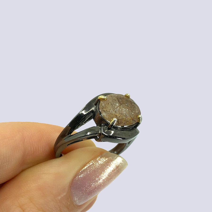 Sterling Silver Solitaire Ring With Rutilated Quartz, Size 6.5