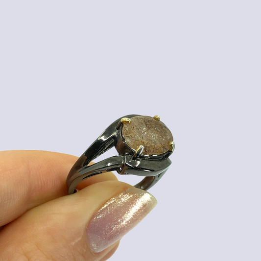 Sterling Silver Solitaire Ring With Rutilated Quartz, Size 6.5