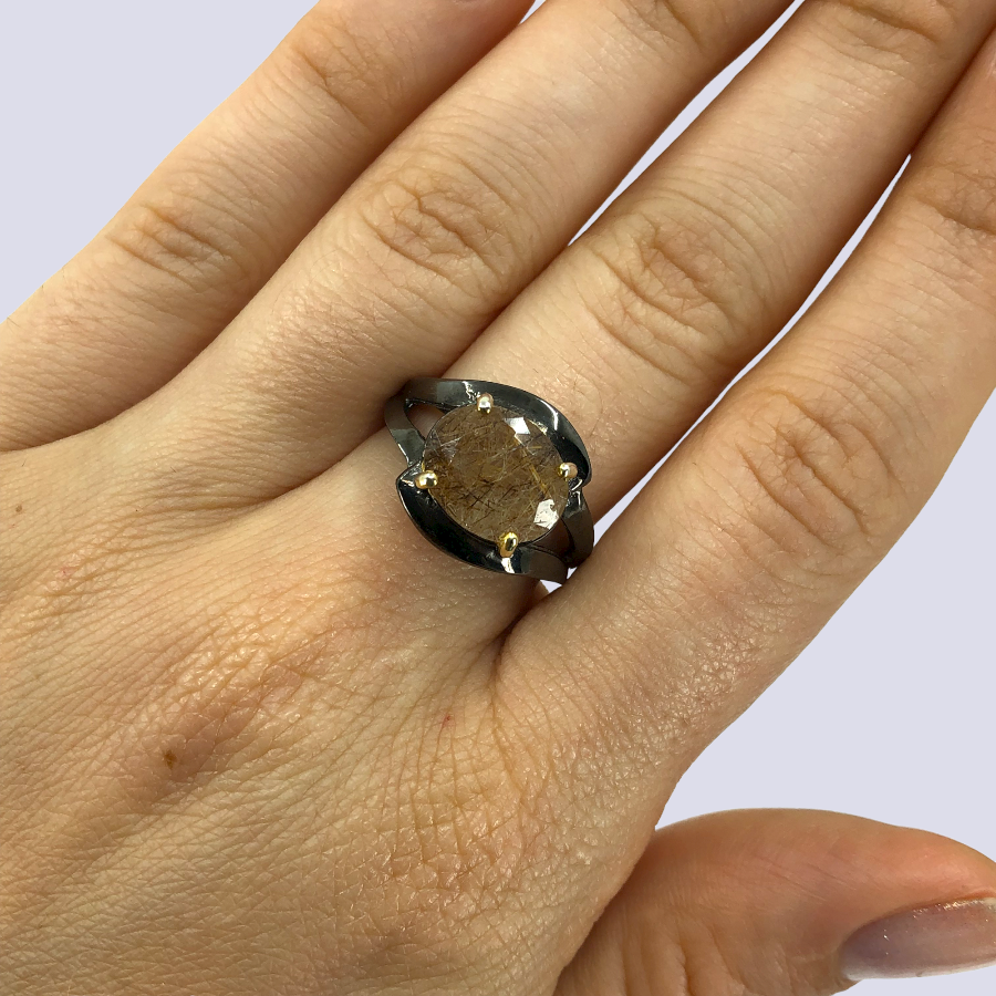 Sterling Silver Solitaire Ring With Rutilated Quartz, Size 6.5