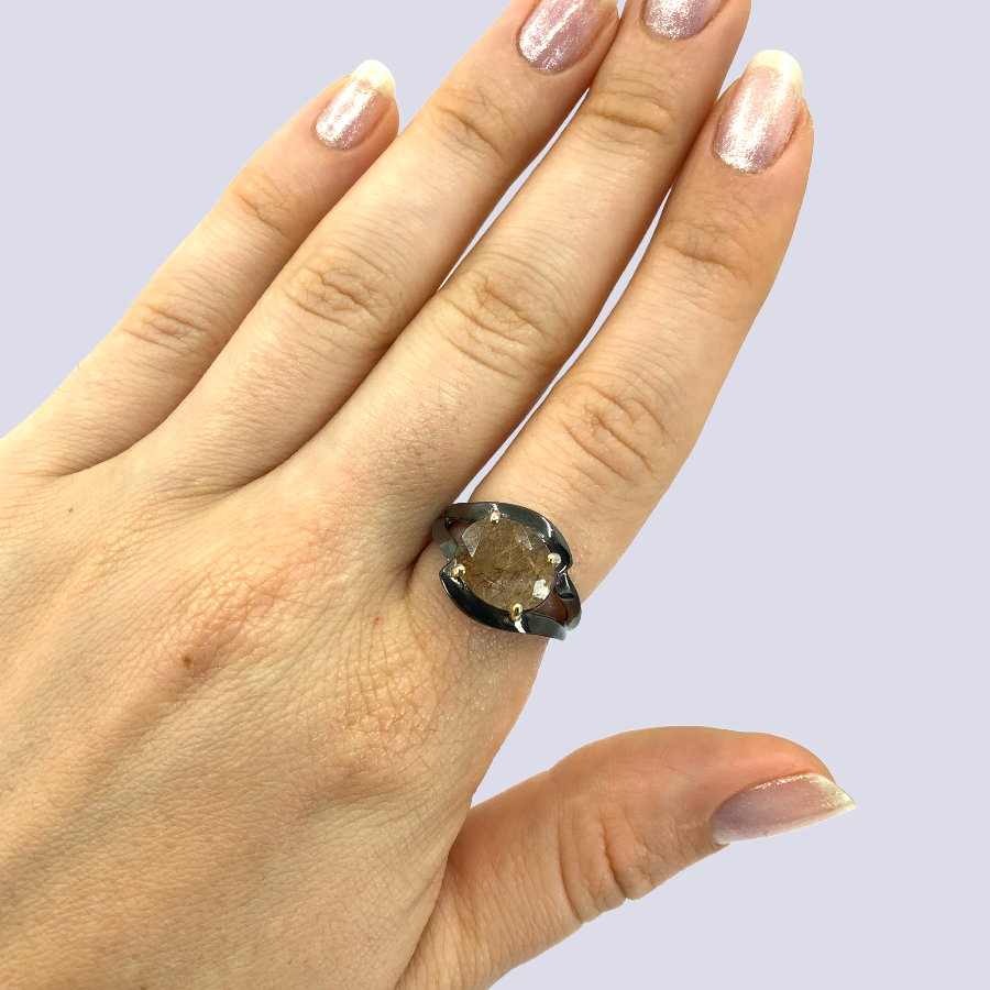 Sterling Silver Solitaire Ring With Rutilated Quartz, Size 6.5