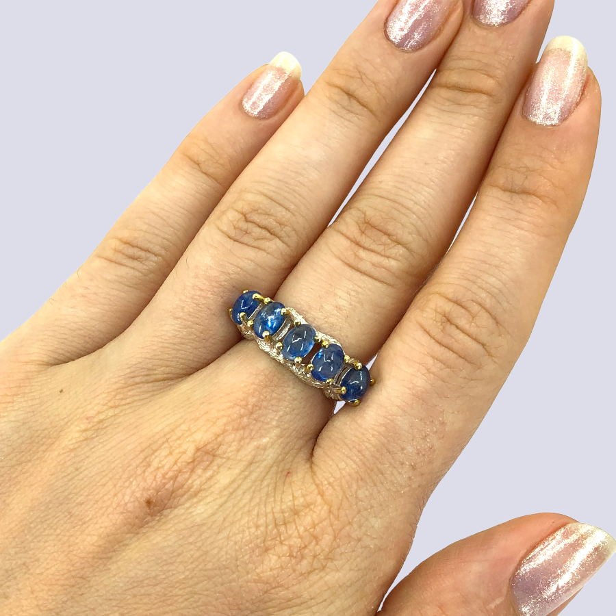 Blue Sapphire Five Stone Band In Sterling Silver, Size 6