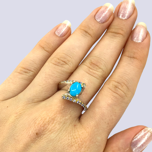 Unusual Sterling Silver Ring Inlaid With Turquoise And Tanzanite, Size 6