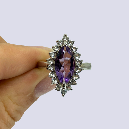 Amethyst And CZ Halo Ring in Sterling Silver, Size 8