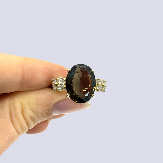 Smoky Quartz And CZ Ring In Sterling Silver, Size 8.5