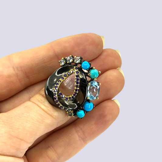 Möbius Loop Inspired Sterling Silver Ring With Blue Topaz, Turquoise And Amethyst, Size 8