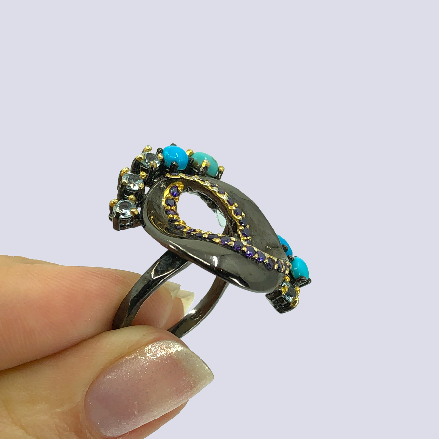 Möbius Loop Inspired Sterling Silver Ring With Blue Topaz, Turquoise And Amethyst, Size 8