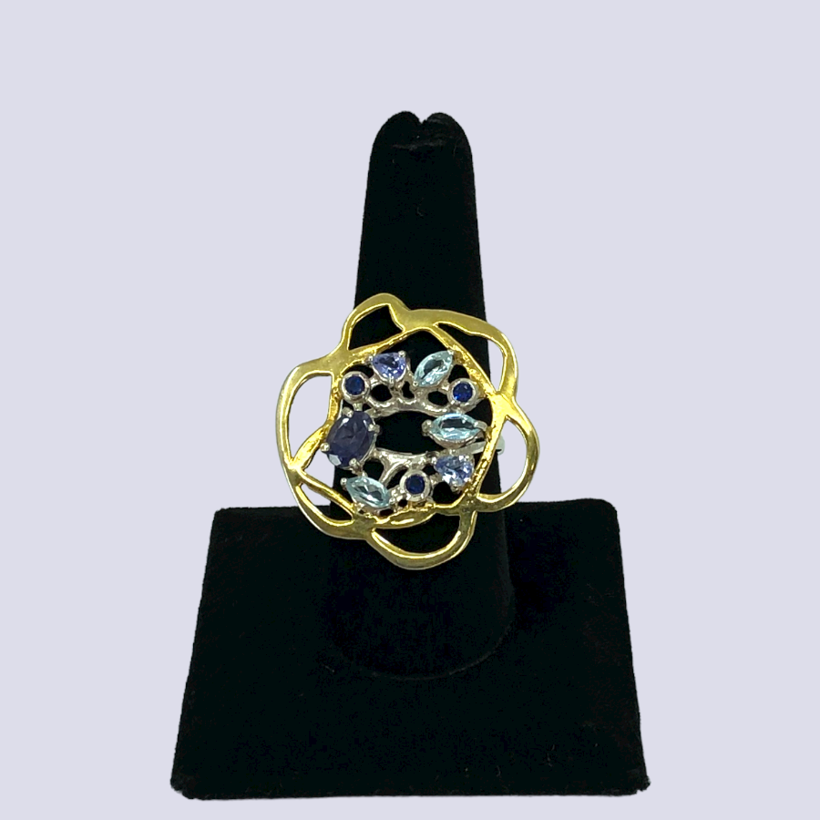 Floral Inspired Sterling Silver Ring With Iolite, Tanzanite, Blue Topaz, And Blue CZ, Size 7.5