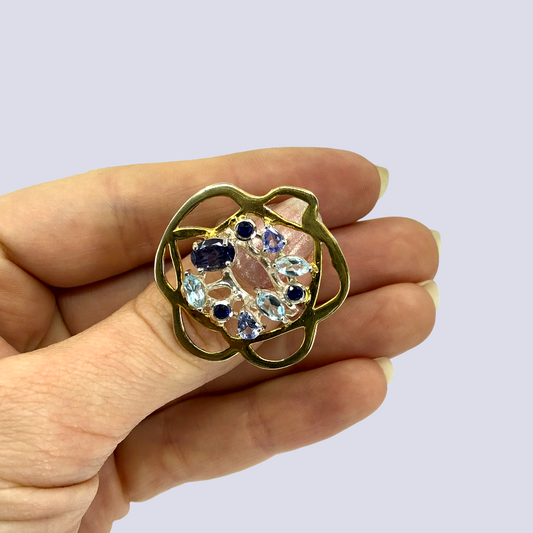 Floral Inspired Sterling Silver Ring With Iolite, Tanzanite, Blue Topaz, And Blue CZ, Size 7.5