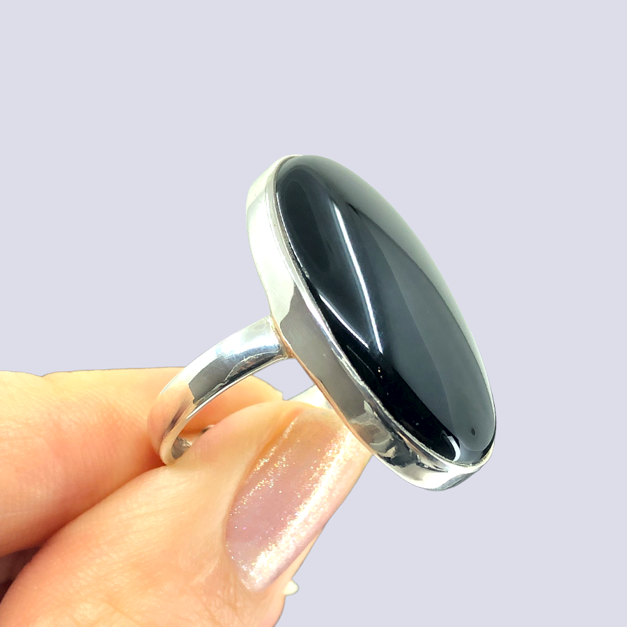 Sterling Silver Ring With Big Oval Black Onyx, Size 10