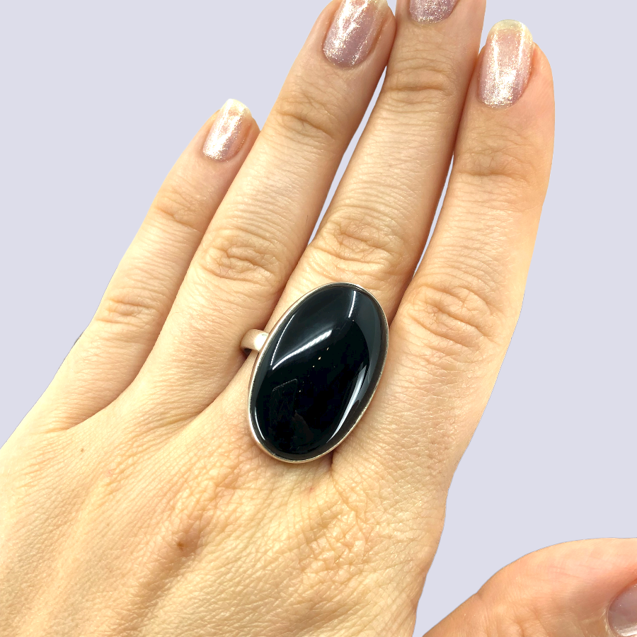 Sterling Silver Ring With Big Oval Black Onyx, Size 10