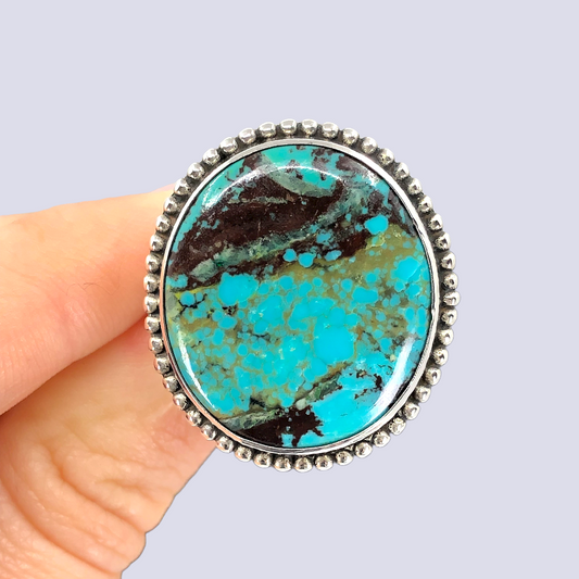 Sterling Silver Ring With Big Oval Turquoise, Size 10.5