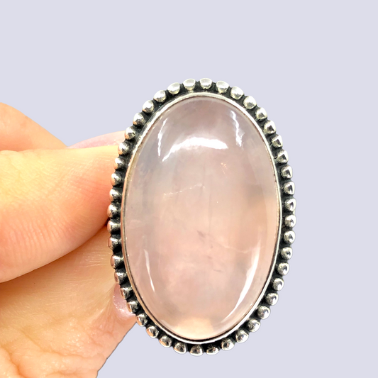 Sterling Silver Ring With Big Oval Rose Quartz, Size 8.5