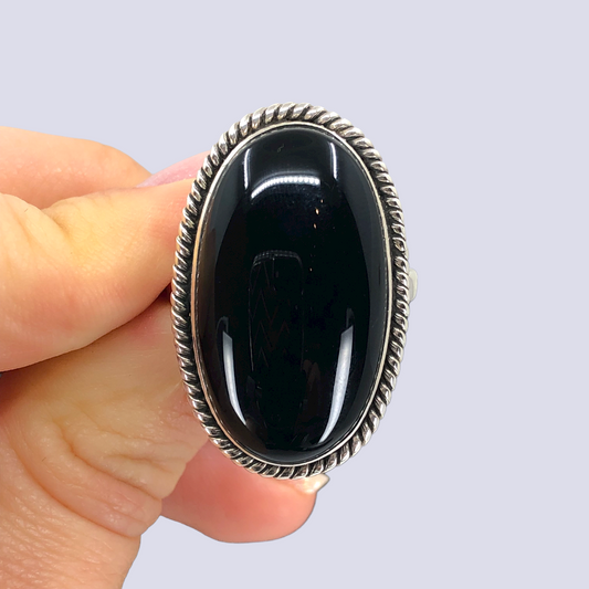Sterling Silver Ring With Big Oval Black Onyx, Size 10.5