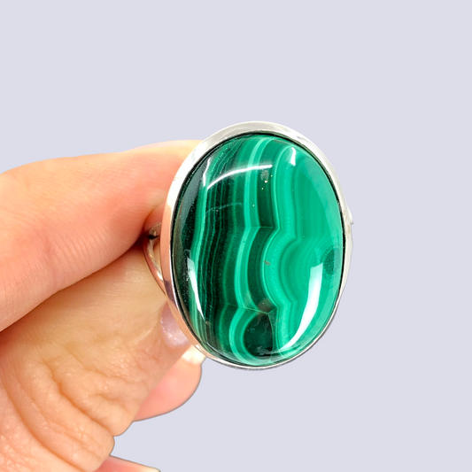 Sterling Silver Ring With Malachite, Size 8.5