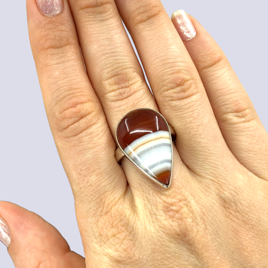 Sterling Silver Ring With Red Banded Agate, Size 9