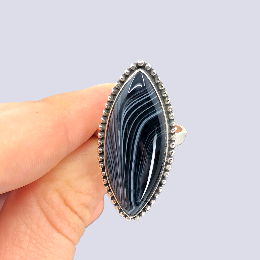 Sterling Silver Ring With Black Laced Agate, Size 9