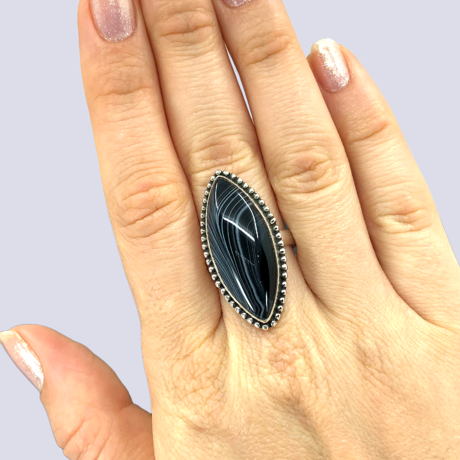 Sterling Silver Ring With Black Laced Agate, Size 9