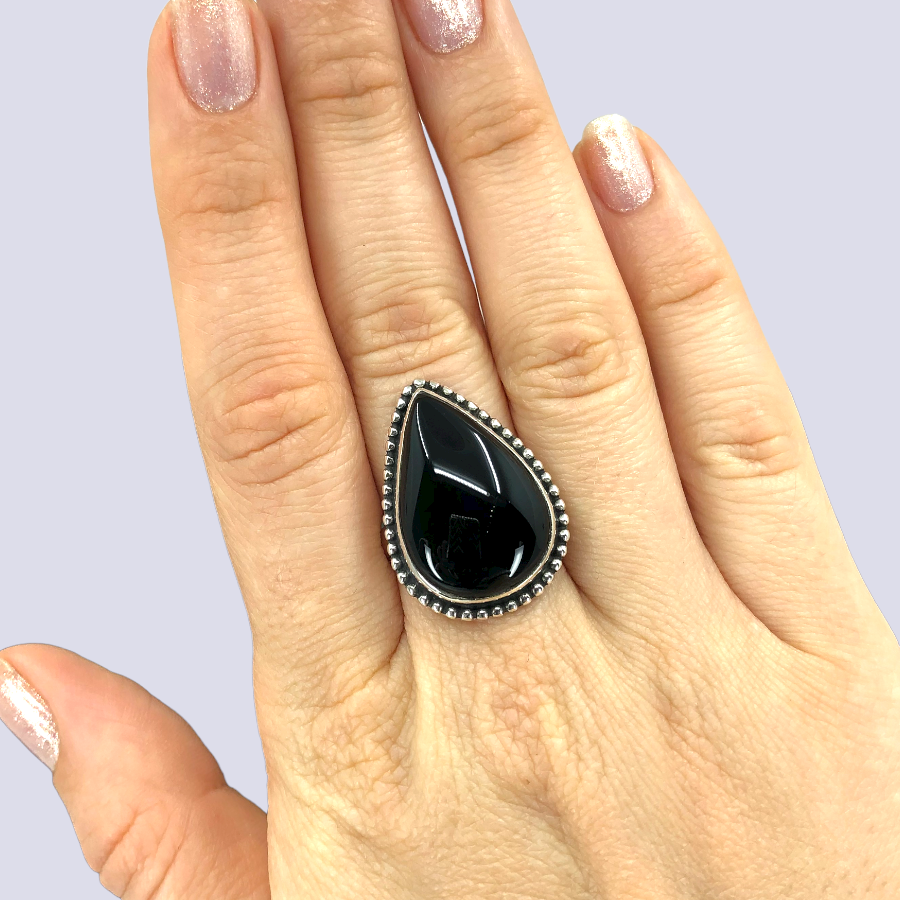 Sterling Silver Ring With Black Onyx, Size 9