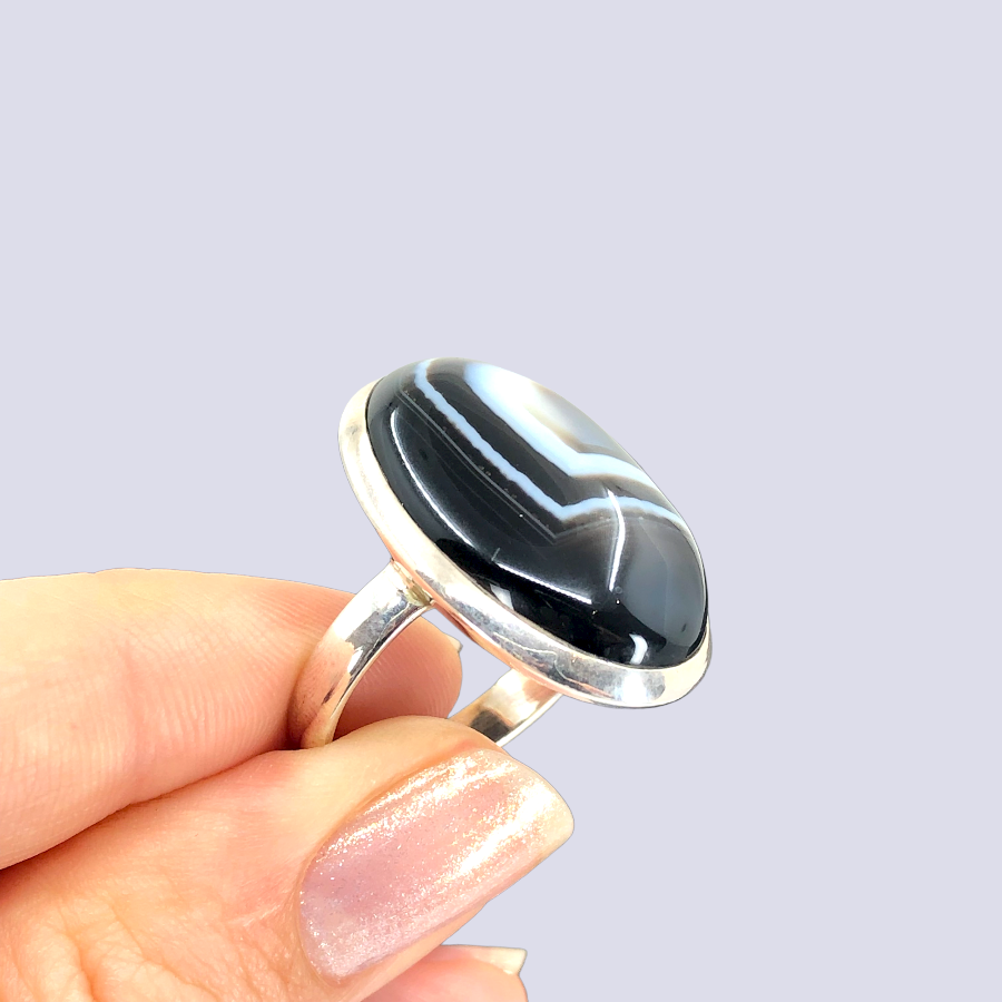 Sterling Silver Ring With Black Laced Agate, Size 9.5