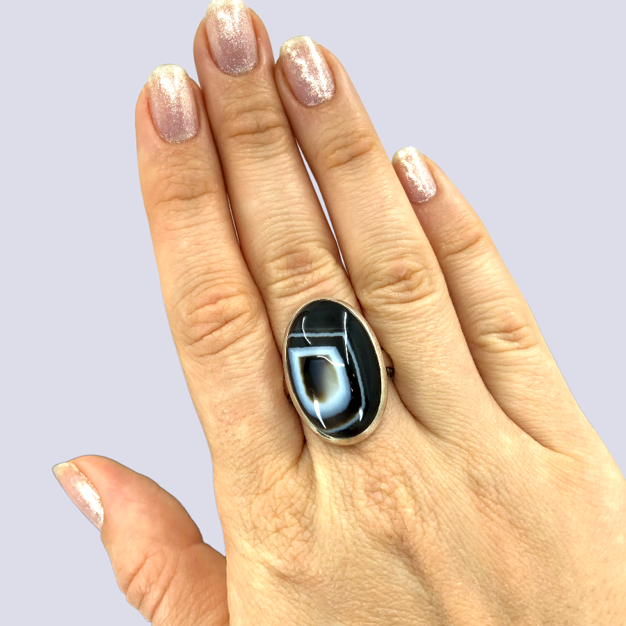 Sterling Silver Ring With Black Laced Agate, Size 9.5