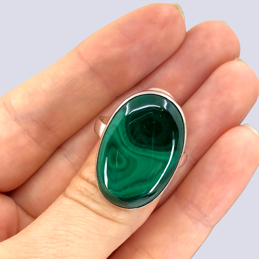 Sterling Silver Ring With Malachite, Size 9