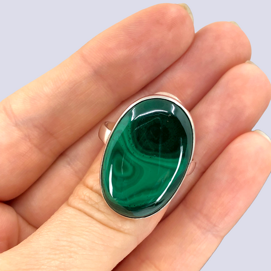 Sterling Silver Ring With Malachite, Size 9