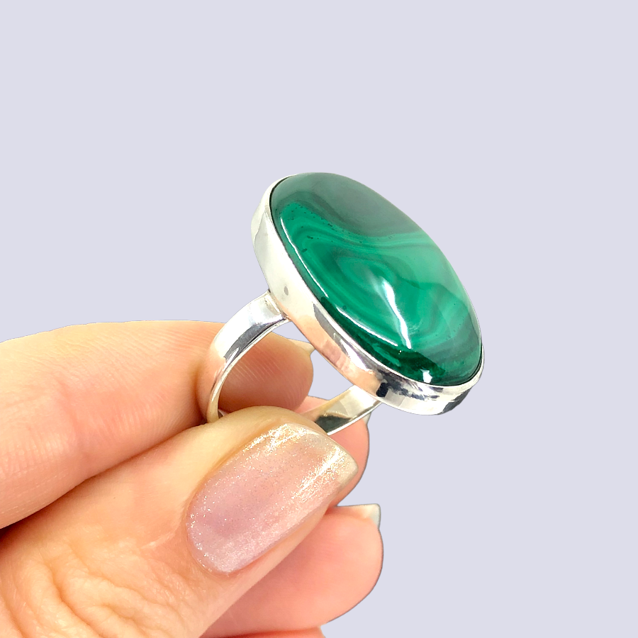 Sterling Silver Ring With Malachite, Size 9