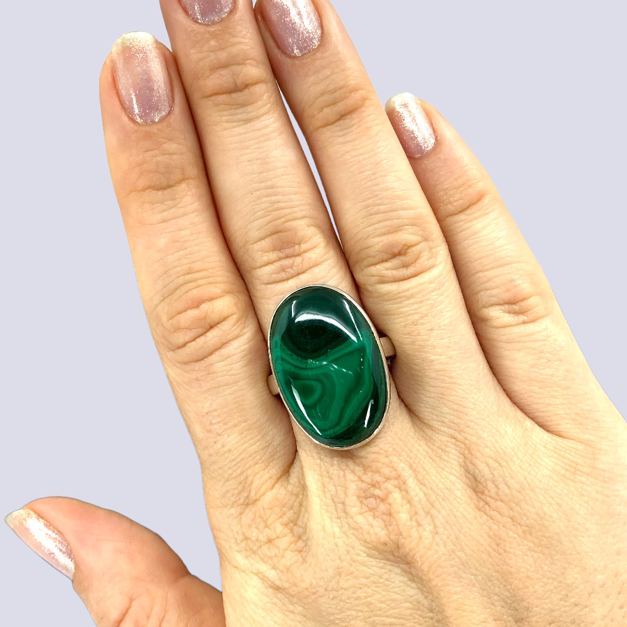 Sterling Silver Ring With Malachite, Size 9